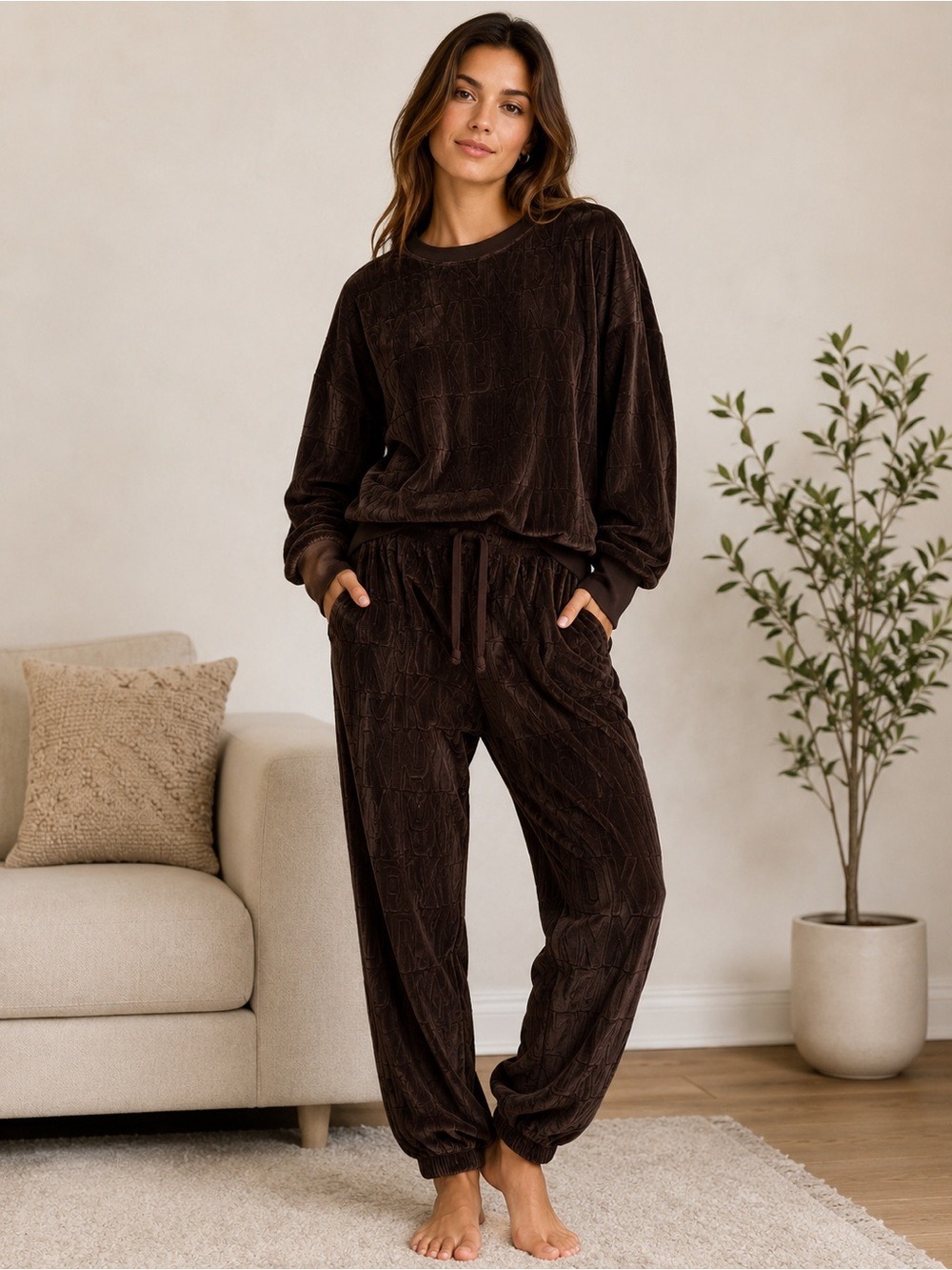 NWOT DKNY Velour Lounge Set Brown Logo Embossed Top Jogger Pants Large